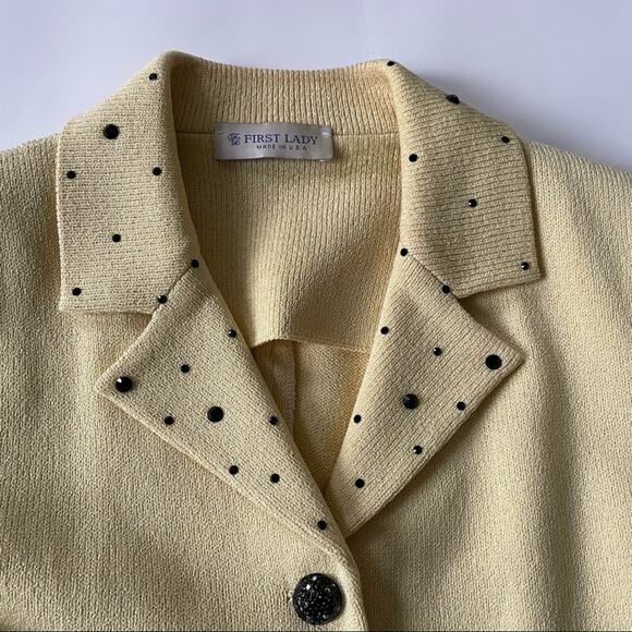 First Lady Knit Jacket Soft Pale Yellow with Black Buttons Wool Blend Vintage M - Picture 9 of 12